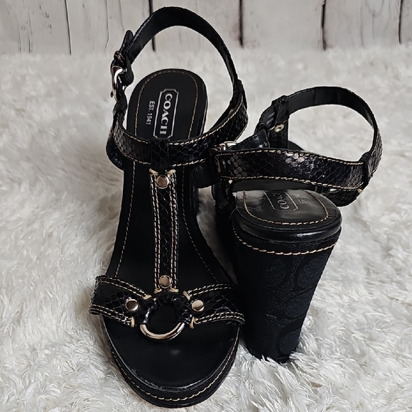 Coach Black and Silver Monogram Wedge Sandals - Picture 1 of 13